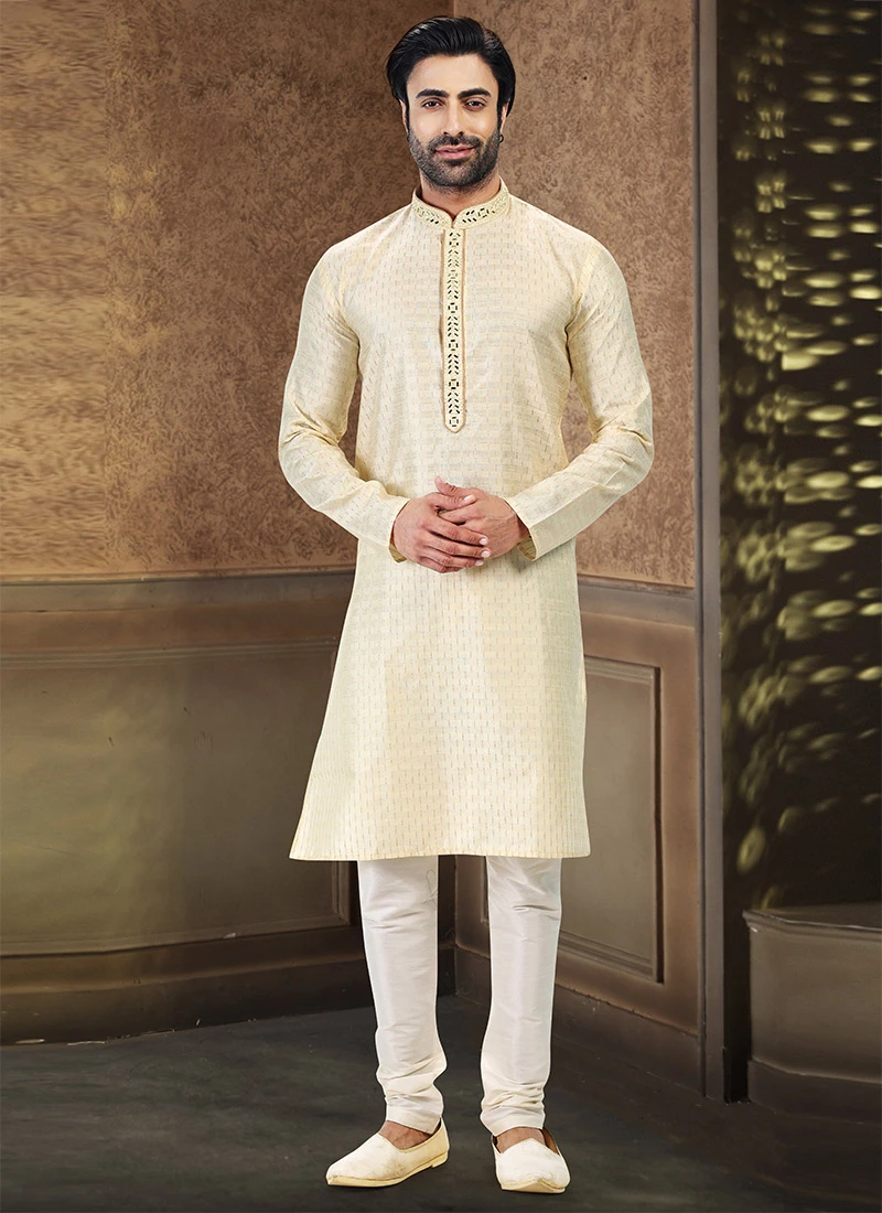 Golden Art Silk Kurta Pyjama Party Wear 2 Golden Art Silk Kurta Pyjama Party Wear - Image 2