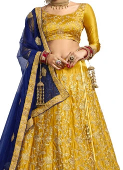 Golden Mustard Satin Silk Embroidered Umbrella Lehenga Party Wear