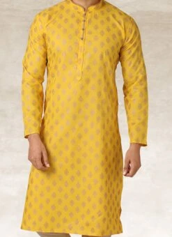 Golden Yellow Handloom Cotton Printed Kurta Pyjama