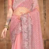 Gracious Dusty Pink Net Embroidery Stone Work Saree Party Wear