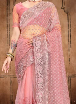 Gracious Dusty Pink Net Embroidery Stone Work Saree Party Wear
