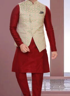 Green And Pink Art Silk Jacquard Bandhgala Jacket