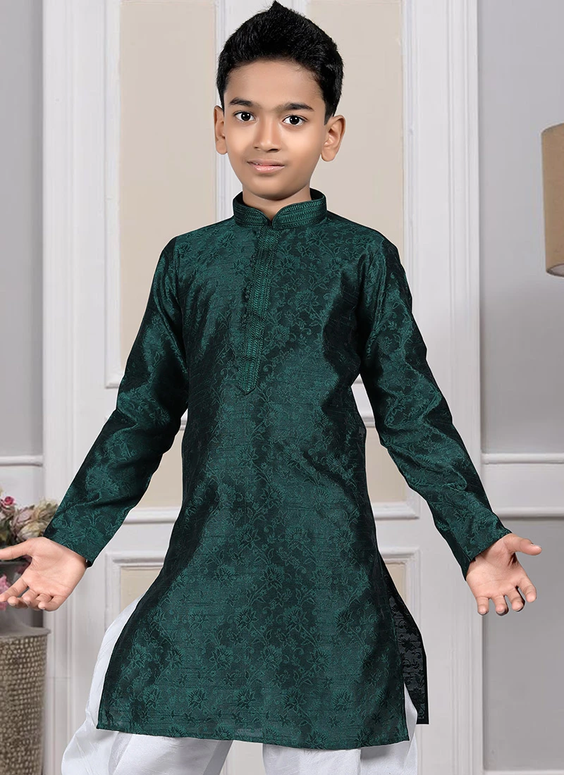 Green Art Silk Brocade Kurta Pyjama Party Wear 3 Green Art Silk Brocade Kurta Pyjama Party Wear - Image 3