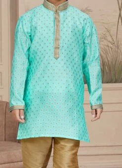 Green Art Silk Embroidered Kurta Pyjama For Boys Festive Wear