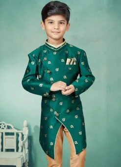 Green Art Silk Jacquard Indowestern Sherwani Party Wear -Mahra Clothing Shop green art silk jacquard indowestern sherwani kdbmsgrk579 b