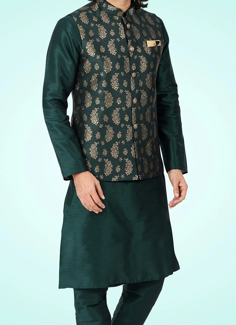 Green Banarasi Silk Jacquard Bandi Set Party Wear 1 Green Banarasi Silk Jacquard Bandi Set Party Wear