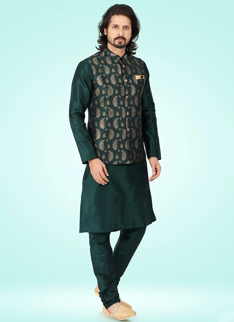 Green Banarasi Silk Jacquard Bandi Set Party Wear 2 Green Banarasi Silk Jacquard Bandi Set Party Wear - Image 2