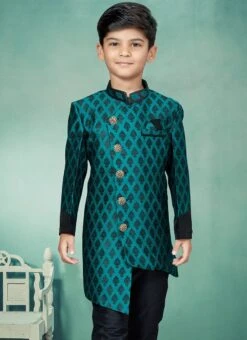 Green Banarasi Silk Jacquard Indowestern Sherwani Party Wear -Mahra Clothing Shop green banarasi silk jacquard indowestern sherwani kdbmsgrk532 b
