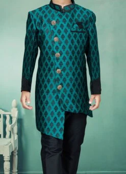 Green Banarasi Silk Jacquard Indowestern Sherwani Party Wear