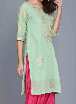 Green Chanderi Cotton Aari Embroidery Kurta Salwar Set Party Wear