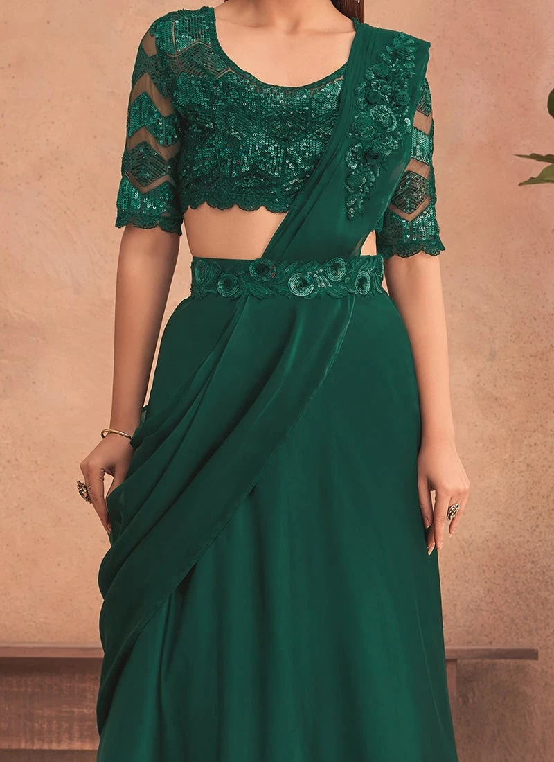 Green Chinon Silk Embroidered Ready Pleated Saree Party Wear 1 Green Chinon Silk Embroidered Ready Pleated Saree Party Wear