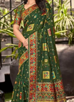 Green Color Cotton Silk Jacquard Woven Work Saree Festive Wear