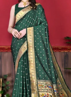 Green Color Litchi Silk Weaving Work Saree Party Wear