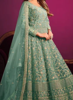 Green Net Embroidered Anarkali Suit Party Wear