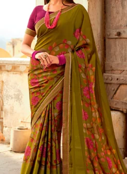Green Color Printed Work Georgette Saree Party Wear