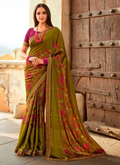 Green Color Printed Work Georgette Saree Party Wear -Mahra Clothing Shop green color printed work georgette saree sasacw4618 u