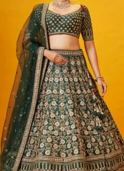 Green Color Pure Silk Embroidered And Zari Work Umbrella Lehenga Wedding Wear