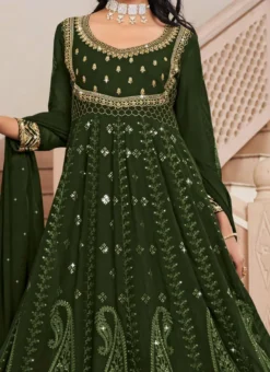 Green Faux Georgette Embroidered And Sequins Anarkali Suit Party Wear