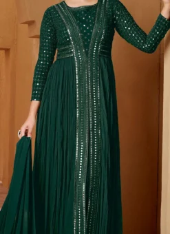 Green Faux Georgette Mirror Work Anarkali Suit Party Wear