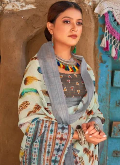 Green Linen Digital Print Saree After Six Wear -Mahra Clothing Shop green linen digital print saree samknss4029 b