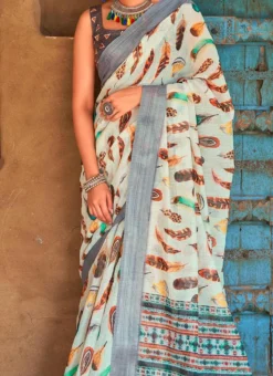 Green Linen Digital Print Saree After Six Wear
