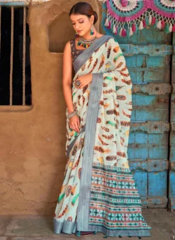 Green Linen Digital Print Saree After Six Wear -Mahra Clothing Shop green linen digital print saree samknss4029 u