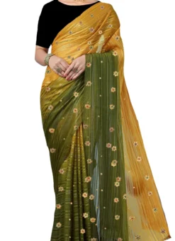 Green N Mustard Georgette Hand Embroidered Saree Party Wear