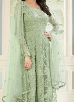 Green Net Embroidered Stones Anarkali Suit Party Wear