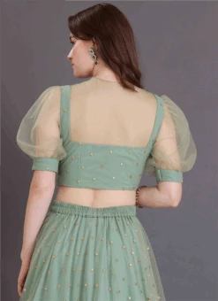 Green Net Sequins Embroidered Blouse Festive Wear