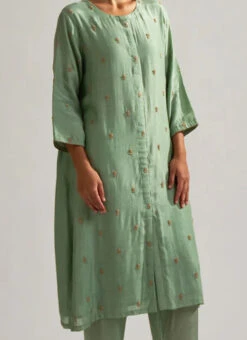 Green Pure Chanderi Silk Embroidered Kurta Semi Palazzo Set Party Wear