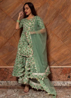 Green Pure Cotton Hand Block Printed Anarkali Suit Party Wear -Mahra Clothing Shop green pure cotton hand block printed anarkali suit sljpjrb40 u