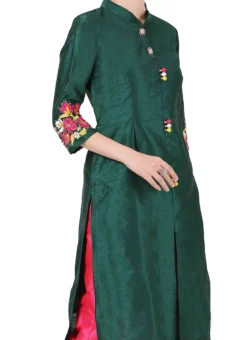 Green Raw Silk Embroidery Work Kurta Straight Pant Set Party Wear