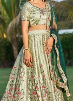 Green Satin Blend Embroidered A Line Lehenga Party Wear