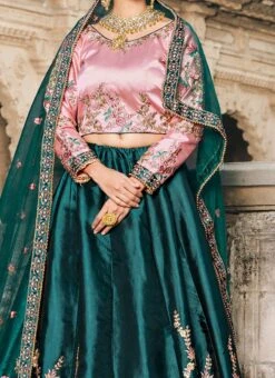 Green Satin Blend Resham Umbrella Lehenga Festive Wear