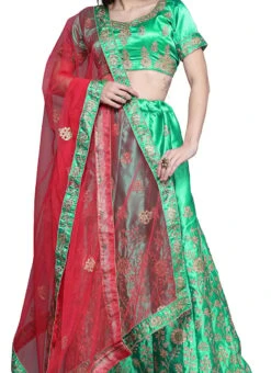 Green Satin Silk Embroidered A Line Lehenga Festive Wear