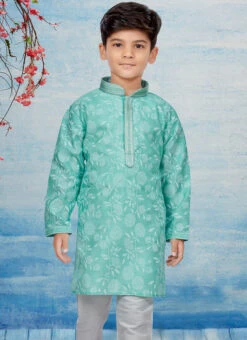 Green Silk Dupion Printed Kids Kurta Pyjama Party Wear -Mahra Clothing Shop green silk dupion printed kids kurta pyjama kdbsgrk726 b