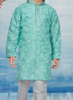 Green Silk Dupion Printed Kids Kurta Pyjama Party Wear