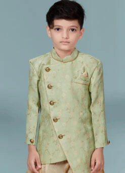 Green Silk Jacquard Indowestern Sherwani Party Wear -Mahra Clothing Shop green silk jacquard indowestern sherwani kdbmsgr521 b