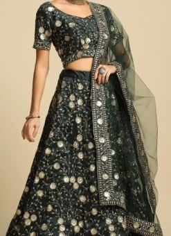 Green Taffeta Embroidered A Line Lehenga Party Wear