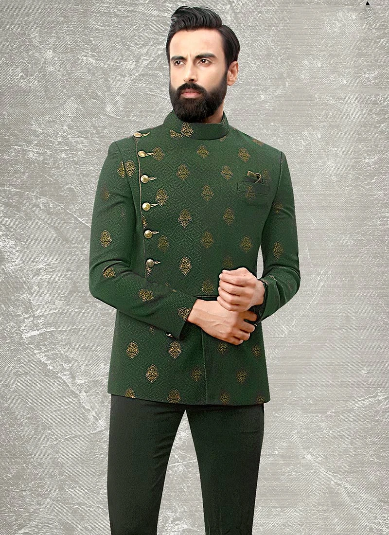 Green Terry Rayon Brocade Bandhgala Suit 3 Green Terry Rayon Brocade Bandhgala Suit - Image 3