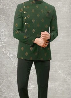 Green Terry Rayon Brocade Bandhgala Suit