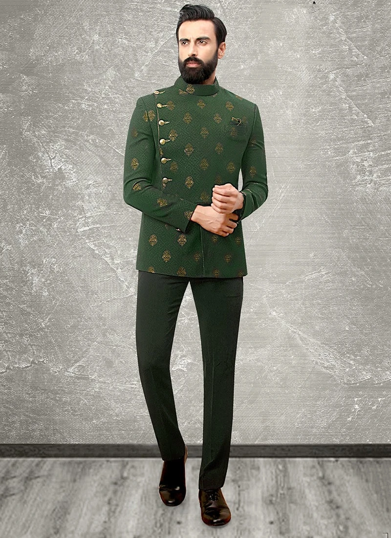 Green Terry Rayon Brocade Bandhgala Suit 2 Green Terry Rayon Brocade Bandhgala Suit - Image 2