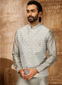 Grey Art Silk Banarasi Bandi Set Party Wear -Mahra Clothing Shop grey art silk banarasi bandi set kpmac1305 b