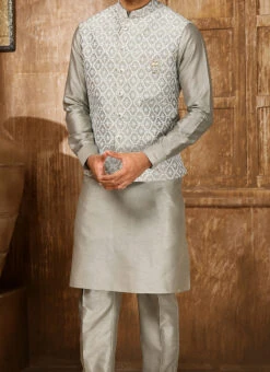 Grey Art Silk Banarasi Bandi Set Party Wear