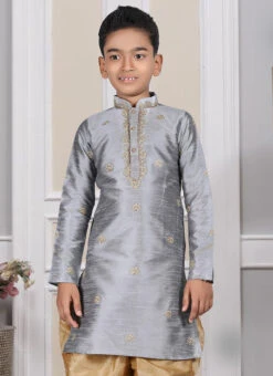 Grey Art Silk Embroidered Kurta Pyjama Party Wear -Mahra Clothing Shop grey art silk embroidered kurta pyjama kdmrg12046 b