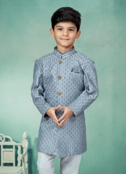 Grey Art Silk Embroidery Indowestern Sherwani Party Wear -Mahra Clothing Shop grey art silk embroidery indowestern sherwani kdbmsgrk564 b