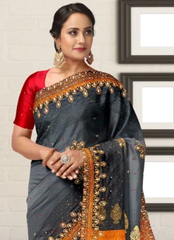 Grey Art Silk Hand Work Saree Party Wear -Mahra Clothing Shop grey art silk hand work saree sadsf7317 b