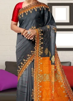 Grey Art Silk Hand Work Saree Party Wear