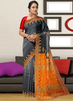 Grey Art Silk Hand Work Saree Party Wear -Mahra Clothing Shop grey art silk hand work saree sadsf7317 u
