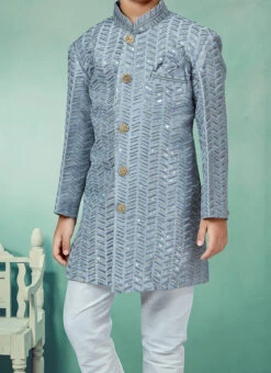 Grey Art Silk Sequins Indowestern Sherwani Party Wear